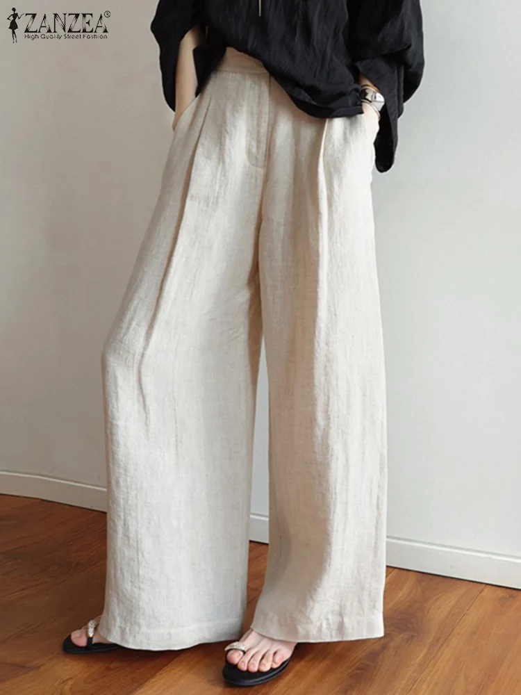 

Модные осенние женские брюки ZANZEA 2023 с высокой талией, однотонные свободные брюки с широкими штанинами, повседневные рабочие длинные брюки, праздничные мешковатые брюки палаццо