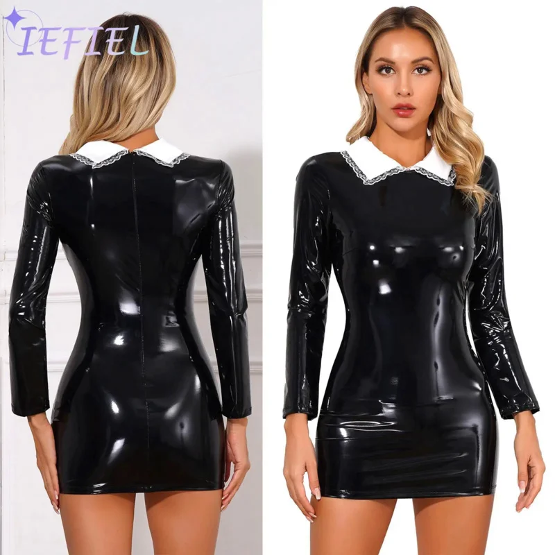 

Women Steampunk Style Maidservant/Nun Role-playing Uniform Shiny Leather Latex Bodycon Mini Dress Stage Performance Clubwear