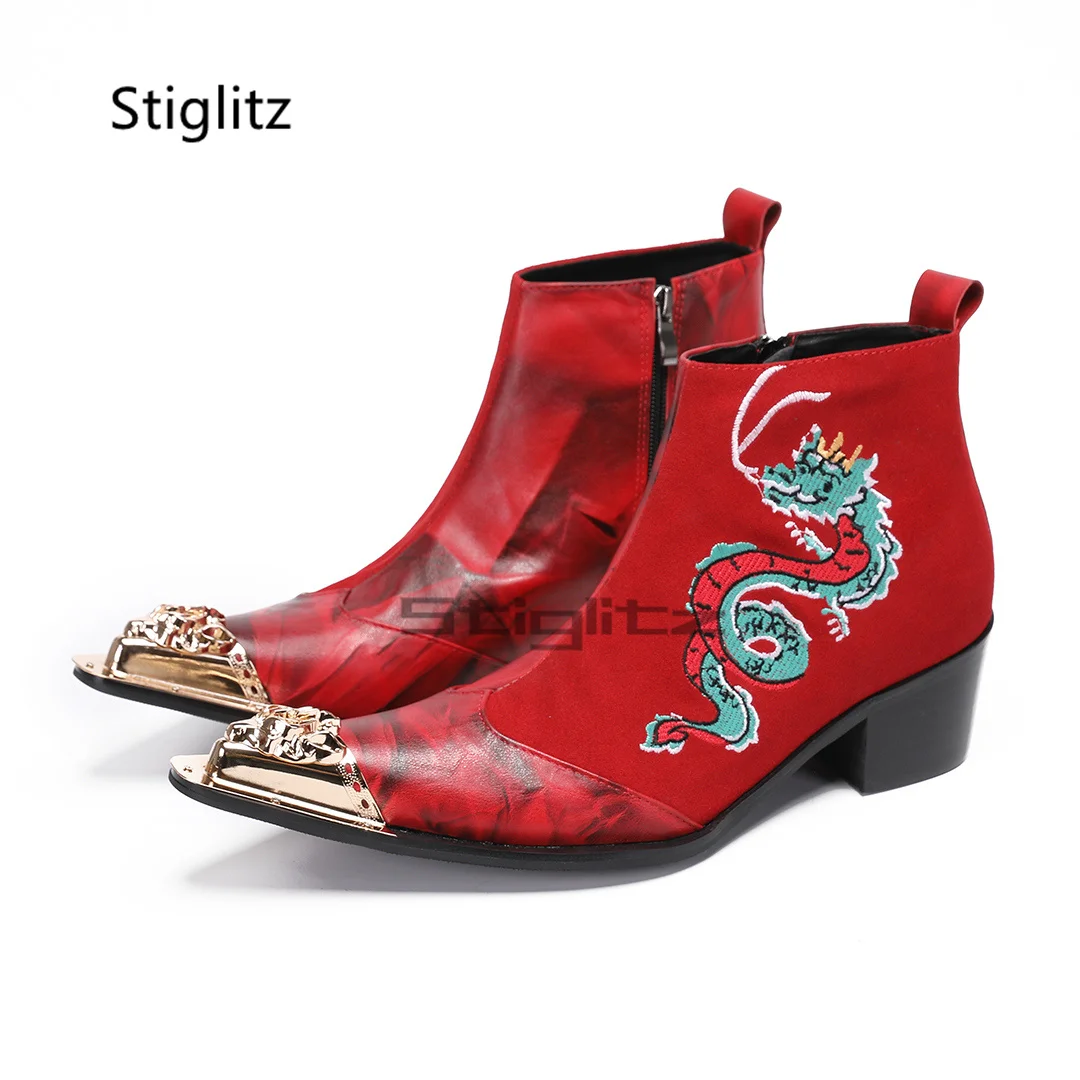 

Dragon Embroidery High Heels Men's Boots Metal Pointed Toe Chelsea Boots Zipper Red Black Genuine Leather Ankle Boots Men Shoes