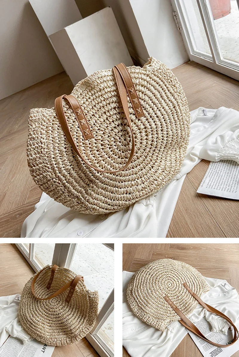Round Woven Straw Beach Bag - Travel Tote 21 S84c1bc95da904429bf0666caa55698563