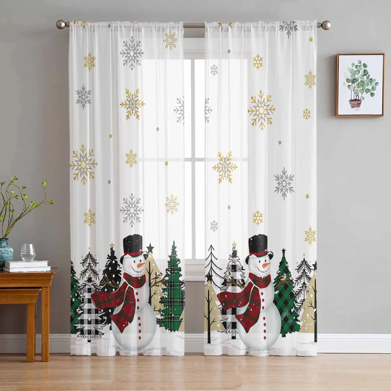 

Christmas Snowman Snowflake Tree Voile Sheer Curtains For Living Room Window Tulle Curtain Kitchen Bedroom Drapes Home Decor 2pc