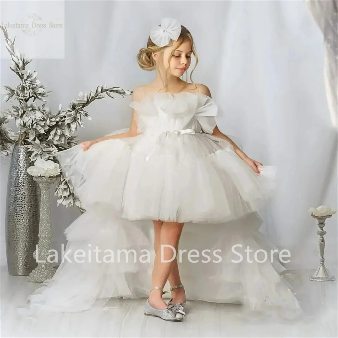 

Ivory Flower Girl Dresses For Wedding Tiered Puffy Tulle with Detachable Train Kids First Communion Ball Gowns