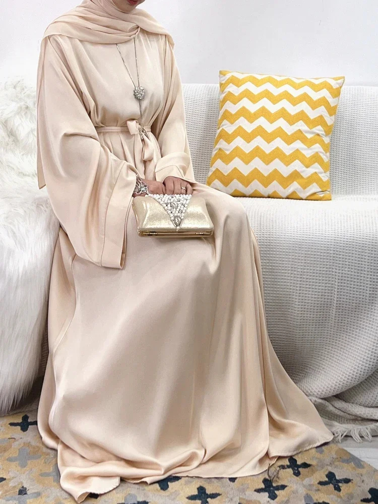 

Ramadan Eid Muslim Hijab Dress Satin Abaya Dubai Islamic Clothes Plain Closed White Abayas for Women Turkish Dresses Kaftan Robe