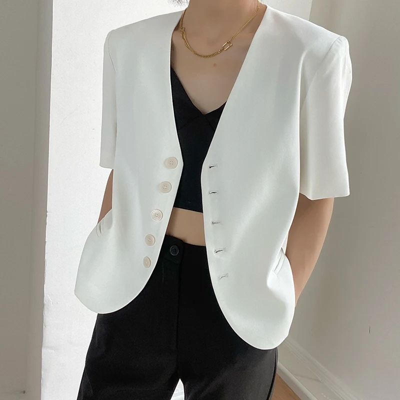 

Женский однобортный пиджак, Тонкий Блейзер с коротким рукавом и V-образным вырезом, офисная одежда в Корейском стиле на лето