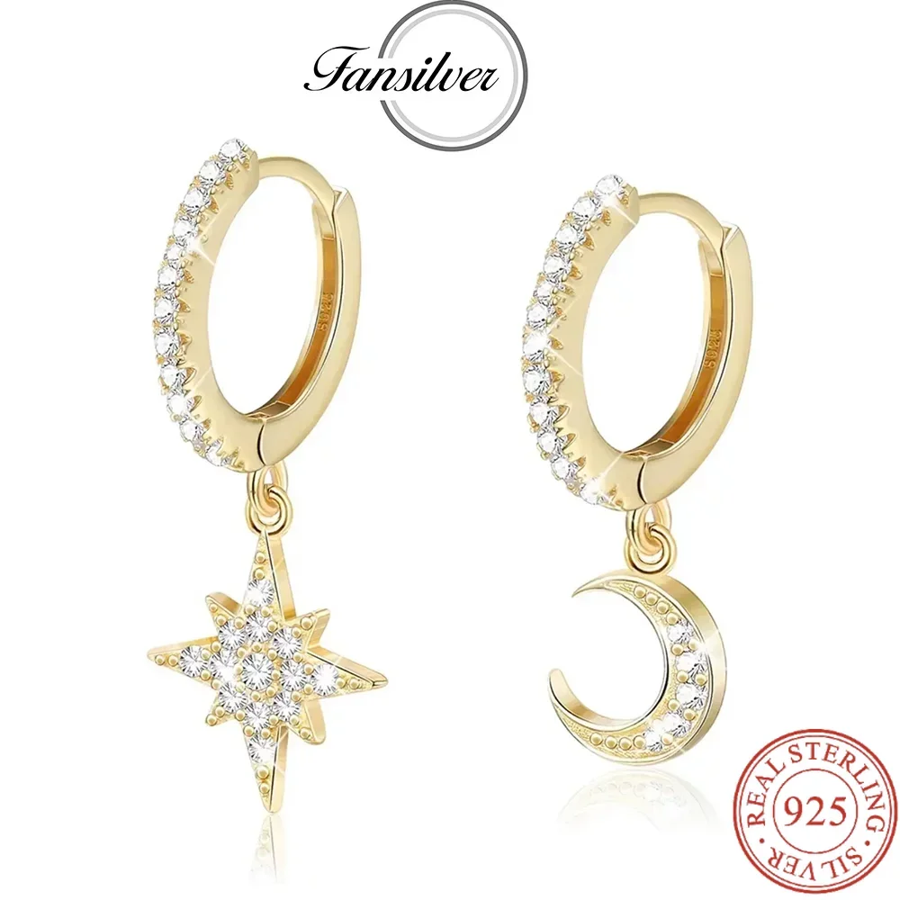 

Fansilver 925 Sterling Silver Huggie Earrings for Women Gold Small Hoop Earrings with Dangle Charms Cross Spike Moon Earrings