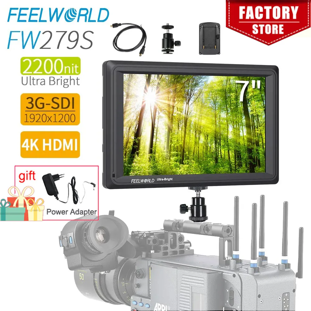 

FEELWORLD FW279S 7 Inch 2200nit Daylight Viewable 3G-SDI HDMI on Camera DSLR Field Monitor 4K HDMI 1920X1200 + Battery Charger