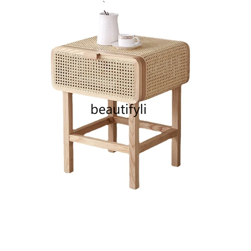 Solid Wood Rattan Bedside Table Nordic Modern Small Cabinet B & B Retro Bedroom Storage Cabinet 
Solid Wood Rattan Bedside Table Nordic Modern Small Cabinet B & B Retro Bedroom Storage Cabinet