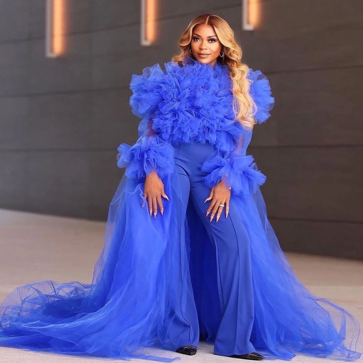 Stylished Royale Blue 2 Pieces Women Sets Ruffles Trimmed Tulle Blouse And Loose Stretchy Pant Formal Maxi Gowns
Stylished Royale Blue 2 Pieces Women Sets Ruffles Trimmed Tulle Blouse And Loose Stretchy Pant Formal Maxi Gowns