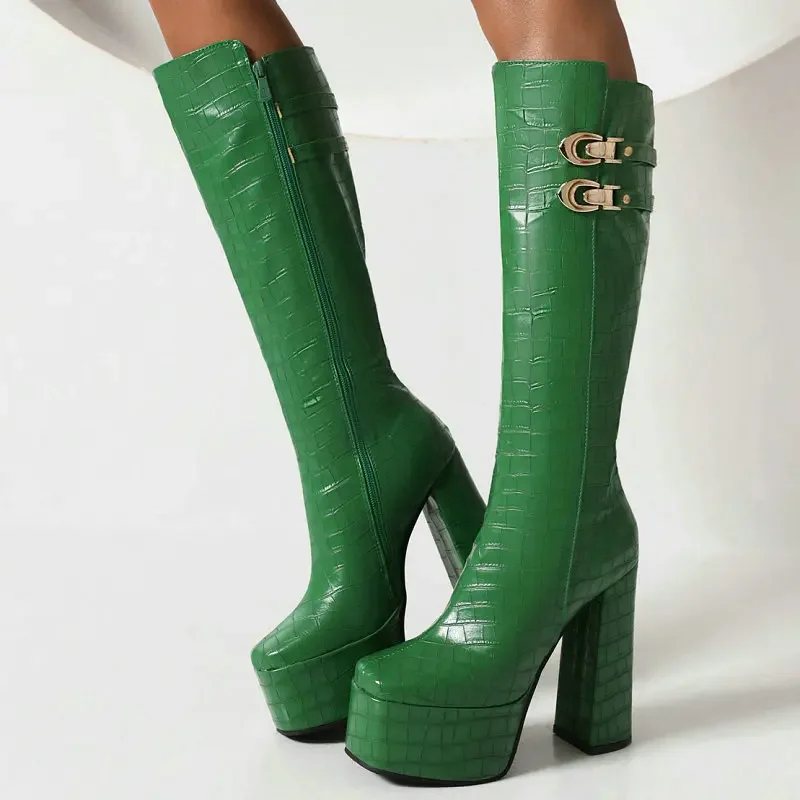 PU Crocodile Skin Pattern Green Beige Wine Red Platform Winter Women Shoes Zip Up Block High Heels Knee-high Concise Boots
PU Crocodile Skin Pattern Green Beige Wine Red Platform Winter Women Shoes Zip Up Block High Heels Knee-high Concise Boots
