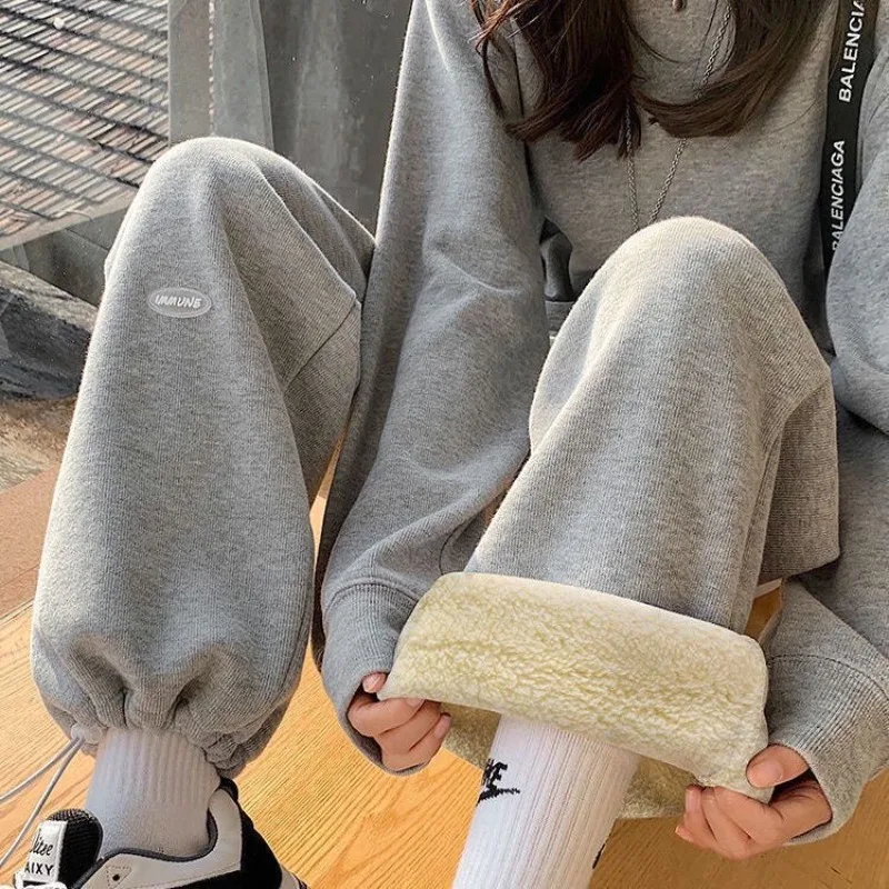 

Gray Sweatpants for Women High Waist Fleece Warm Loose Thick Joggers Trousers Korean Lamb Straight Casual Streetwear Haren Pants