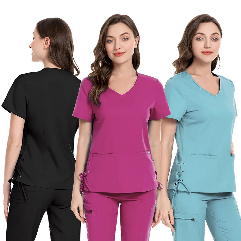 

Large Size Short Sleeve Tops+Pants Scrub Sets V-neck Fashion Medical Operating Room Split Uniforms Beauty Salon Overalls