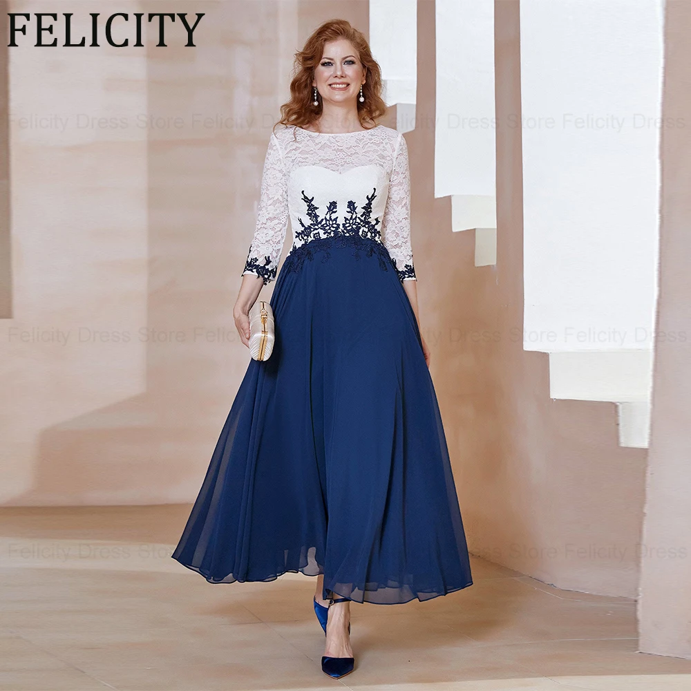 

Exquisite Mother of the Bride/Groom Dresses 2024 A-Line Illusion Wedding Guest Dresses Applique Lace Chiffon Navy Evening Gowns