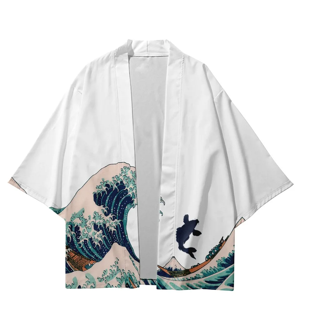 

Summer Japanese Kimono for Men/Women Wave Carp Print Traditional Bathrobes Short Sleeves Beach Shirt Chic Yukata Kimono Mujer