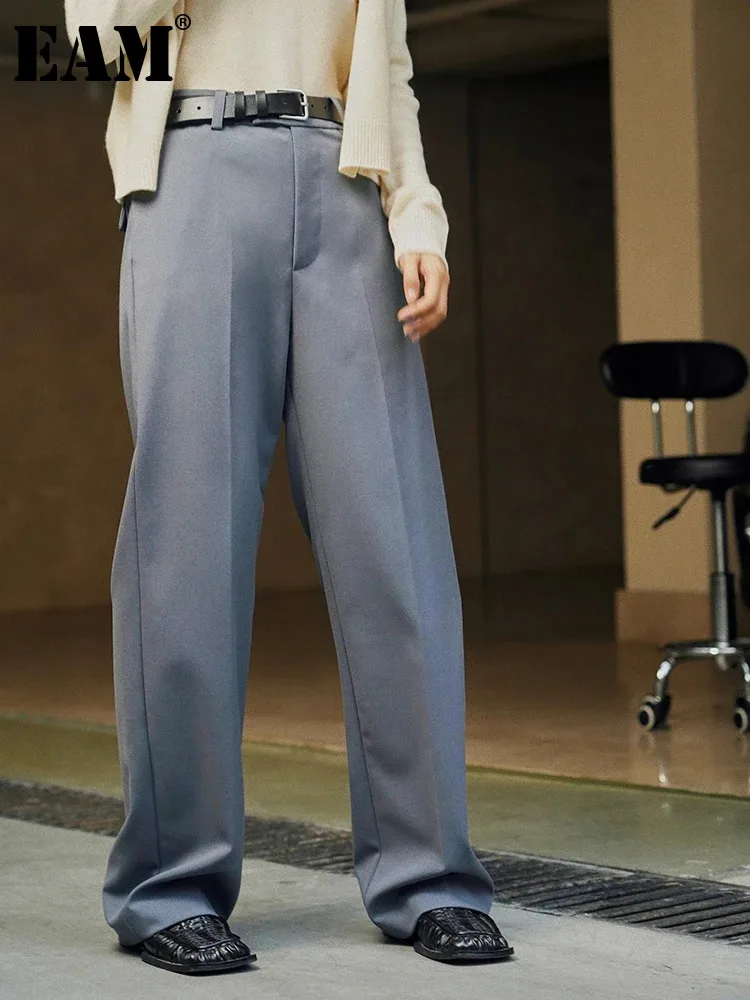 

[EAM] High Waist Gray Brief Long Elegant Wide Leg Pants New Loose Fit Trousers Women Fashion Tide Spring Autumn 2024 1DH2754
