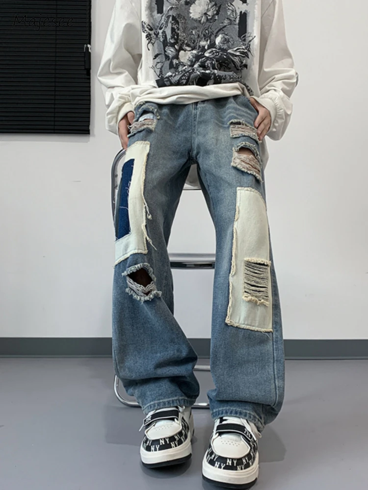 

Jeans Men Hole Patchwork Washed High Street Chic Teenagers Denim Trousers Summer All-match American Style Hip Hop Handsome Daily