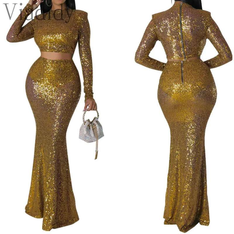 Women Two-Pieces Sequined Long Sleeve Back Zipper Crop Top And High Waist Mermaid Skirt Set
Women Two-Pieces Sequined Long Sleeve Back Zipper Crop Top And High Waist Mermaid Skirt Set