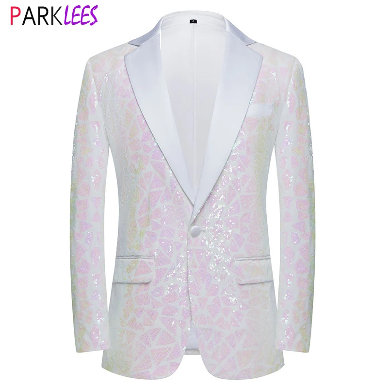 

Мужской белый, розовый блейзер с треугольными блестками, приталенный пиджак на одной пуговице, блестящий смокинг, Свадебный костюм жениха для выпускного вечера, Homme 3XL