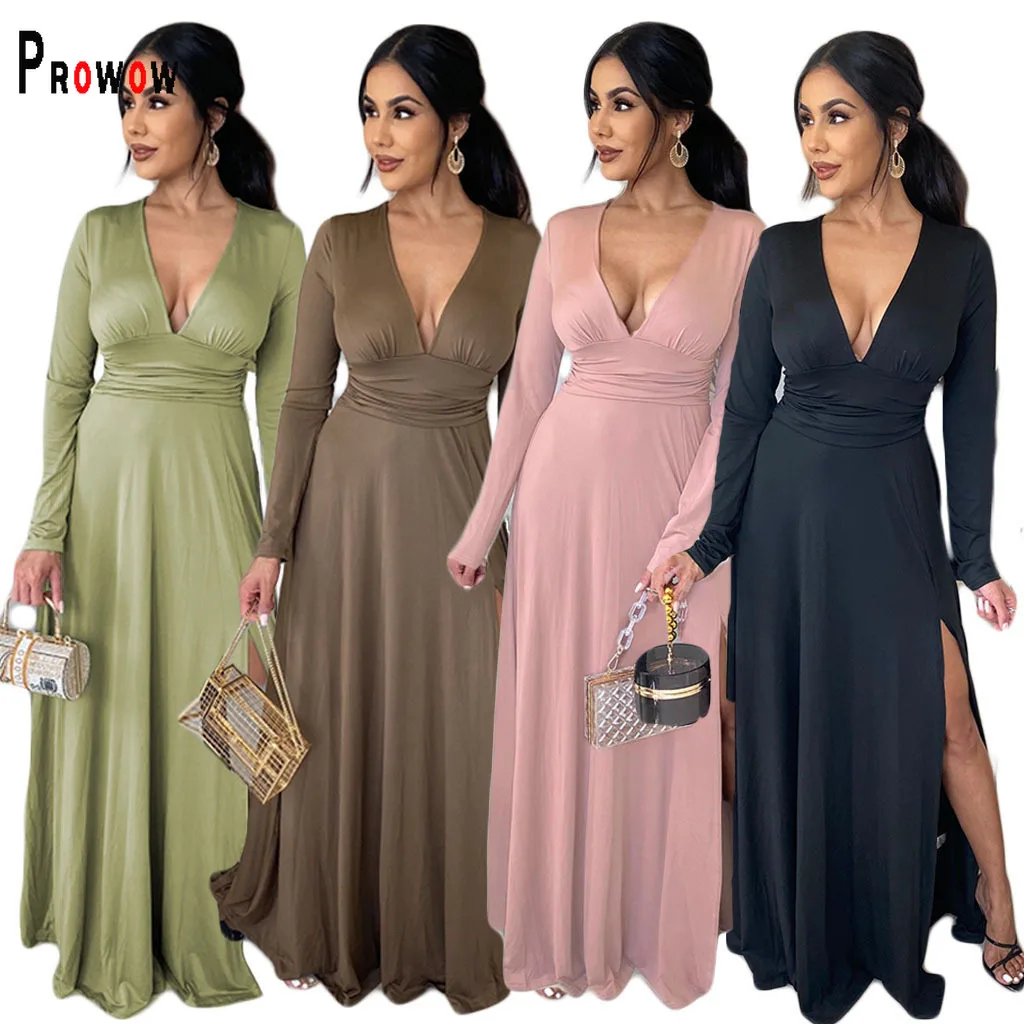 

Prowow Women Maxi Dress Elegant Slim V-neck Long Sleeve Birthday Party Evening Wear Hem Slit Solid Color Female Clothes Vestidos