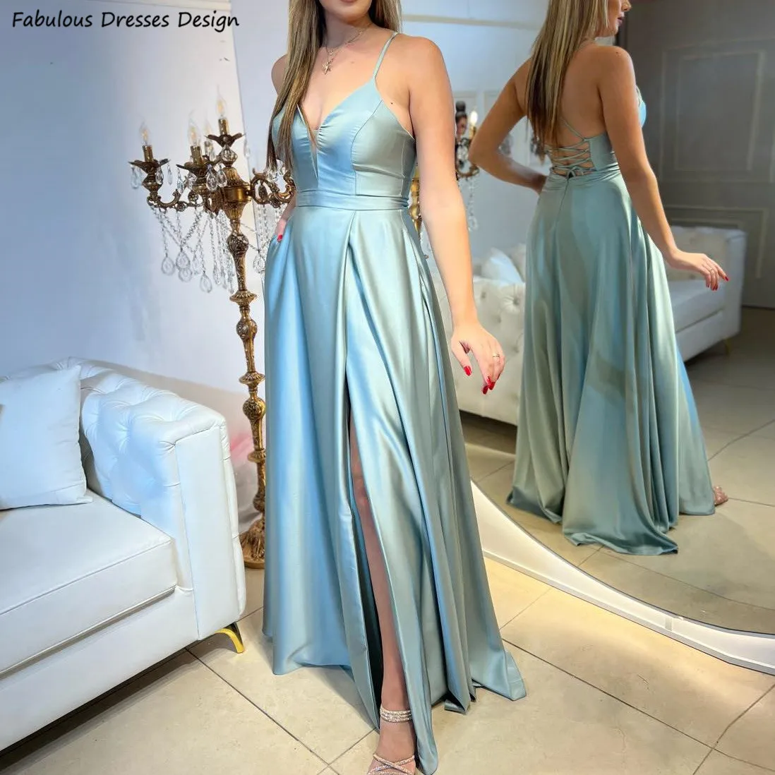 

Long A Line Pockets Bridesmaid Dresses Criss-cross Backless Sheer V-neck Slit Wedding Party Dress Spaghetti Straps Prom Gown
