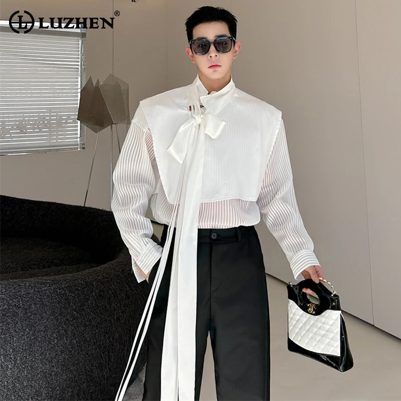

LUZHEN Stylish Personality Ribbon Decorate Translucent Long Sleeve Shirts Men's Elegant 2024 New Stylish Fake Two Piece LZ2413