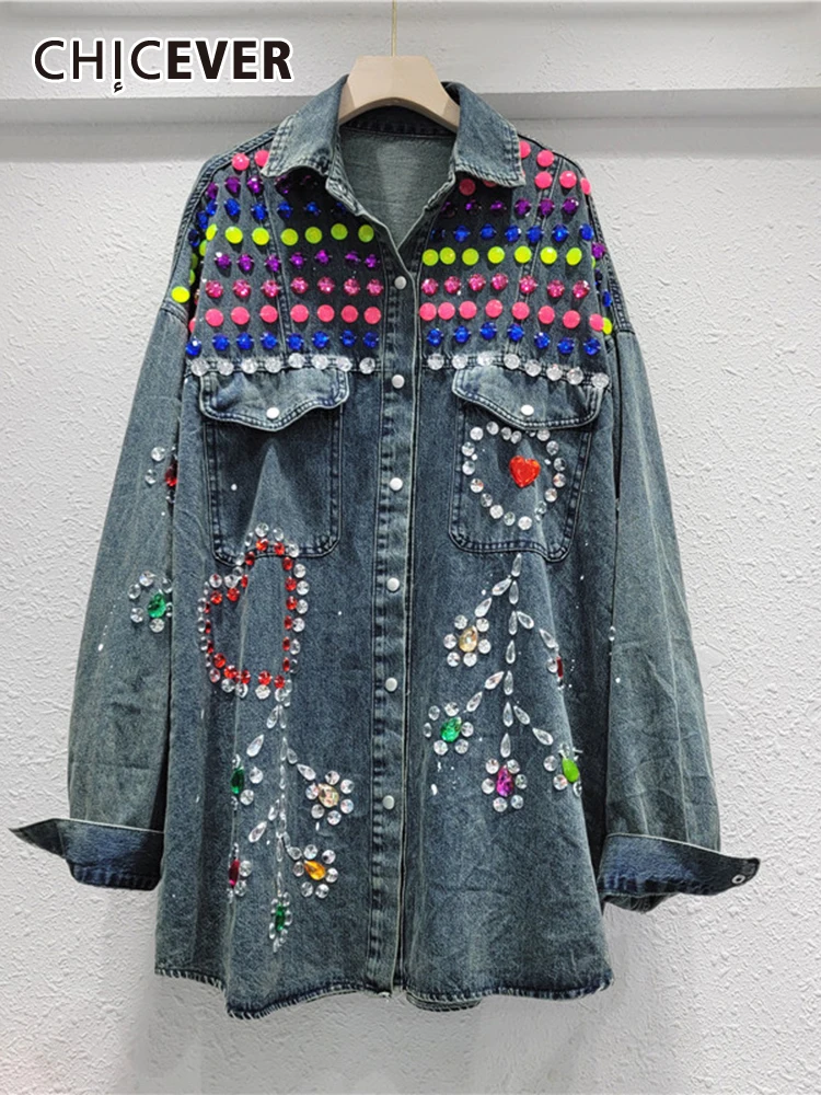 CHICEVER Spliced Diamonds Fashion Shirt For Women Lapel Long Sleeve Single Breasted Fashion Loose Colorblock Denim Blouse Female
CHICEVER Spliced Diamonds Fashion Shirt For Women Lapel Long Sleeve Single Breasted Fashion Loose Colorblock Denim Blouse Female