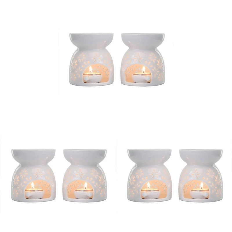 

Ceramic Tealight Candle Holder Oil Burner, Essential Oil Incense Aroma Diffuser Furnace White Set Of 6 - Floral Pattern