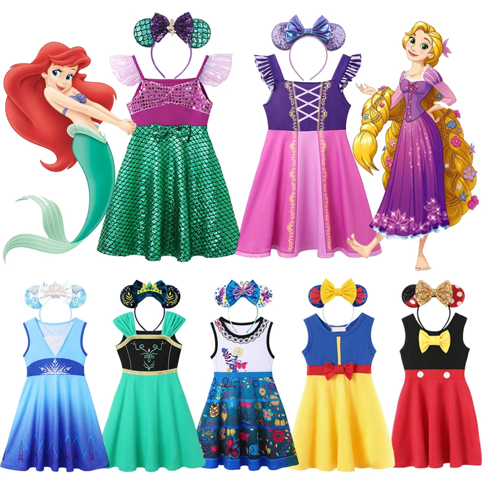 

Disney Mermaid Ariel Rapunzel Dress Kids Clothes Frozen Encanto Belle Aurora Costumes Girls Summer Birthday Party Casual Dresses