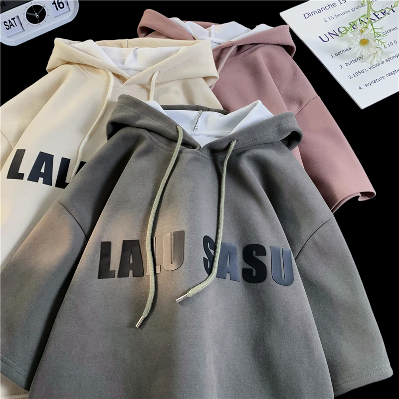 

American Retro Letter Printing Hooded Hoodies Summer Thin Half Drop Sleeve Sweatshirts Casual Drawstring All-Matched Pullovers