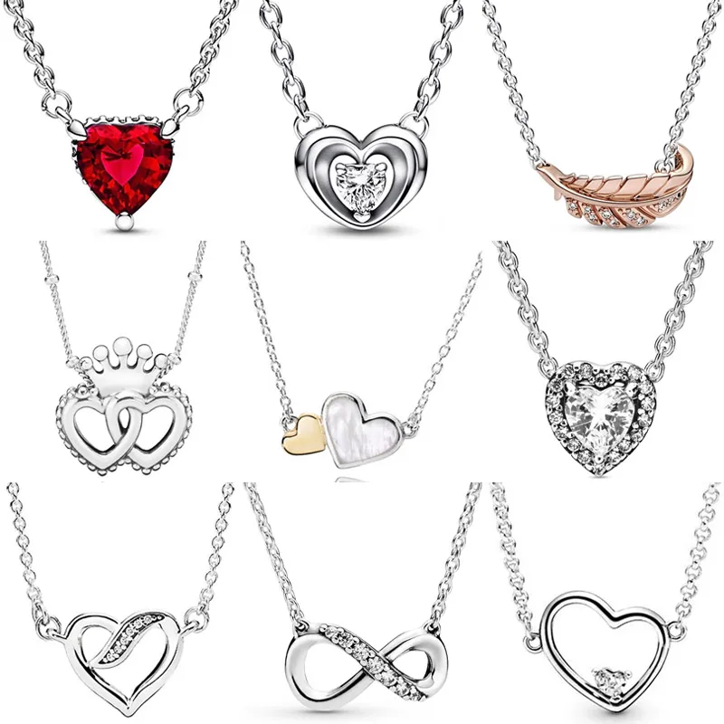 

Sparkling Heart Halo & Floating Stone Curved Feather Infinity Collier Necklace For Fashion 925 Sterling Silver Charm Diy Jewelry