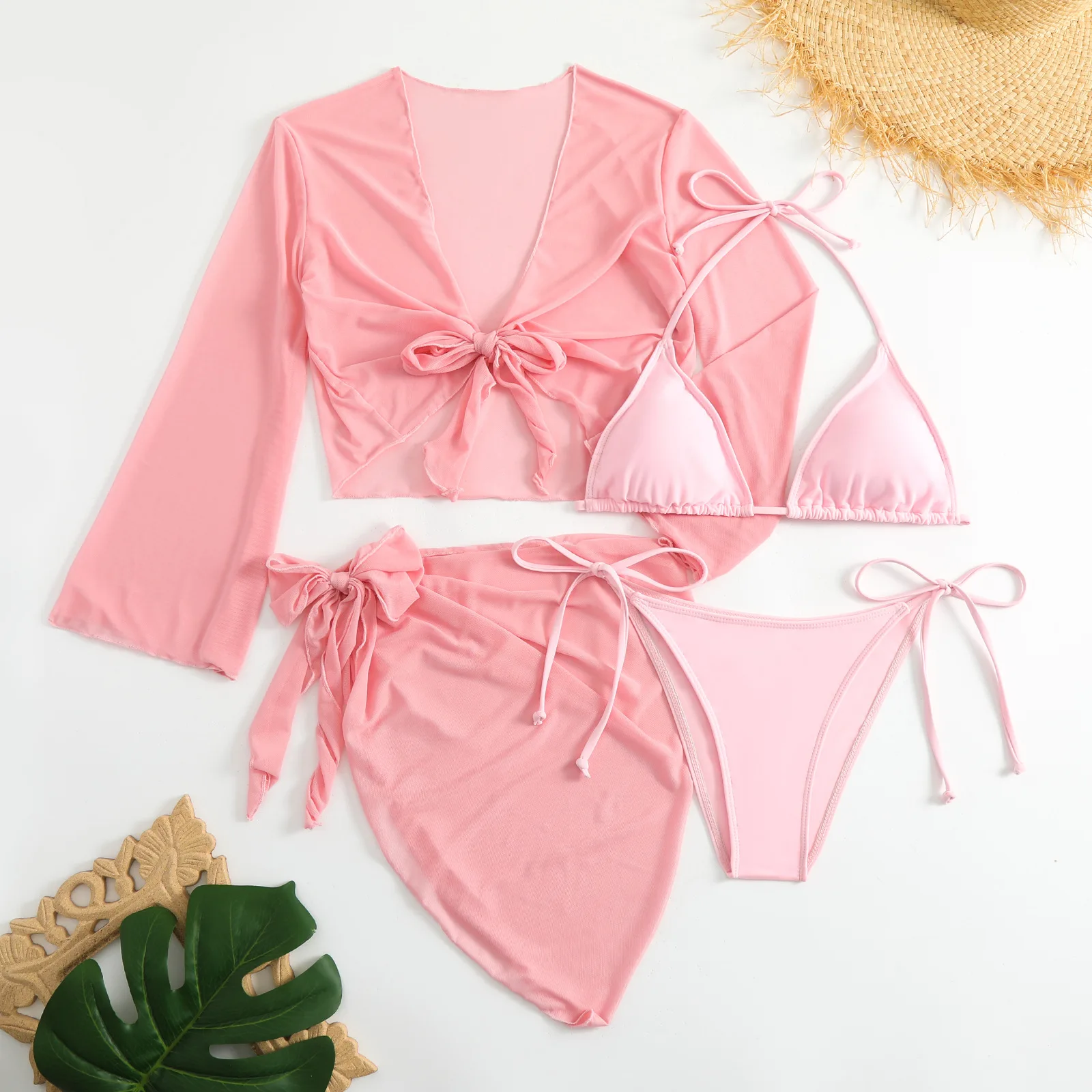 Conjuntos De Bikini Micro Mini Rosas Para Mujer 4 Piezas Con Tops De