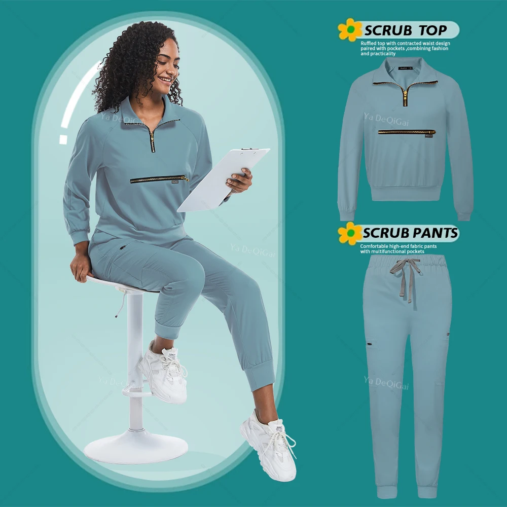 

Long Sleeve Jogger Suit Fashion Tops Medical Nursing Scrubs Set Women Nurse Uniforms Dentist Overalls Jackets Pants