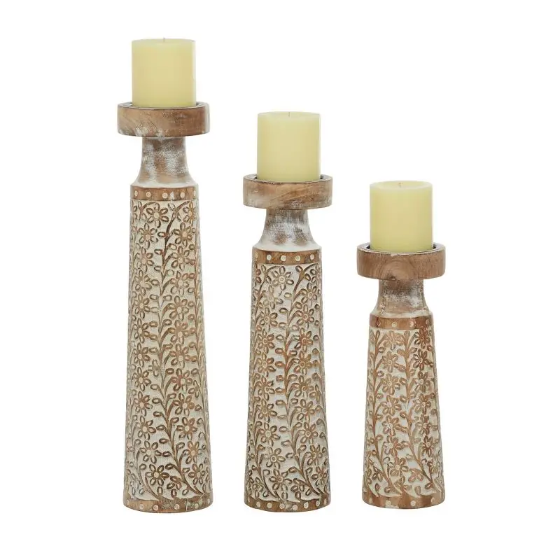 

Off-White Set of 3 Rustic Cylindrical Mango Wood Candle Holders