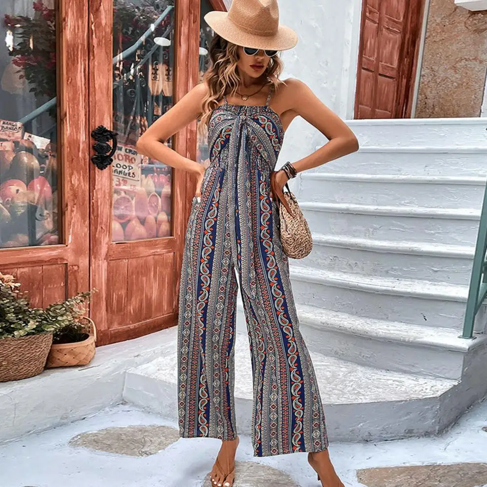 

Summer Jumpsuit Ethnic Style Printed Jumpsuit with Adjustable Spaghetti Straps Lace-up Knot Detail Off Shoulder Wide for Women