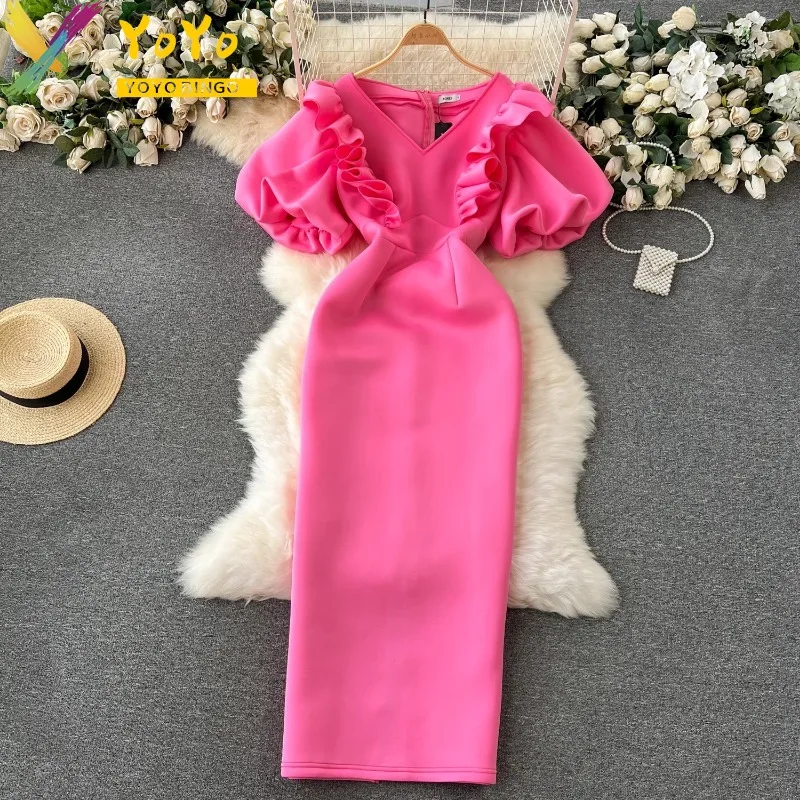 Vintage Elegant Rose Ruffle Edge Bubble Sleeve V-neck Pencil Dress Fashion Women's Slim Bodycon Luxury Party Dress
Vintage Elegant Rose Ruffle Edge Bubble Sleeve V-neck Pencil Dress Fashion Women's Slim Bodycon Luxury Party Dress