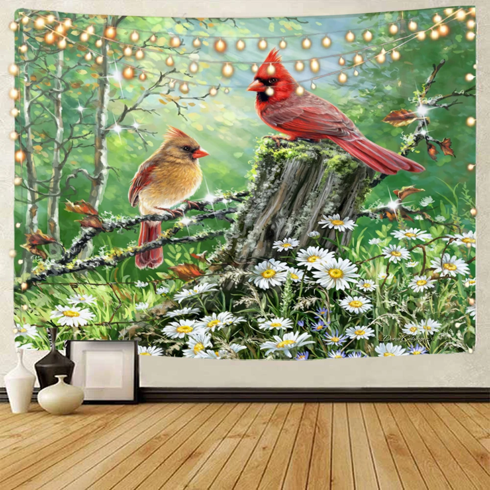 

Forest bird and tiger illustration decoration tapestry, jungle plant and animal illustration decoration tapestry