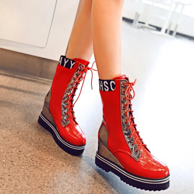 

Wedges Women's Boots Platform Winter Shoes Female Lace Up Red Ankle Boots Fashion Height Increasing Casual Black Women Shoes