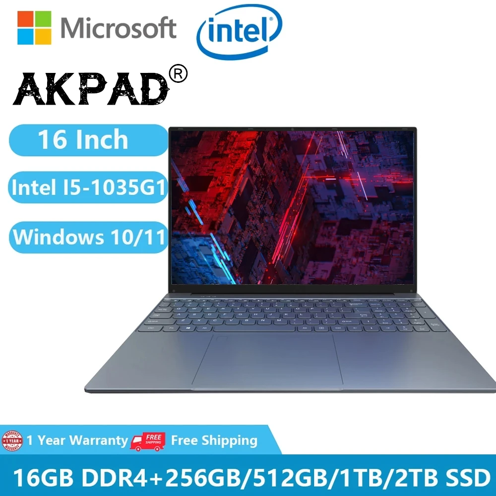 

AKPAD Ultrabook 16.1" 1920x1200 Intel Core I5 1035G1 Windows 10 11 Pro DDR4 16GB RAM 256GB 512GB 1TB SSD Laptop with Mini HDMI