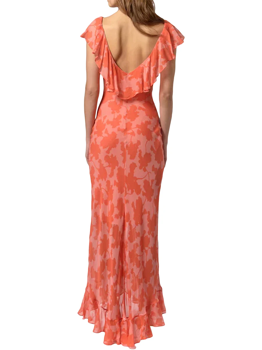 

Women s Halter Fairy Dress Flounce Sleeve Dress Cutout Pleated Irregular Ruffle Hem Slim Fit Elegant Dress ( 4-Orange M)