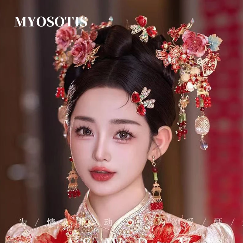 

Retro Chinese Wedding Xiuhe Clothing Phoenix Hairpin Flower Hanfu Headdress Handmade Bridal Costume Hair Accessories