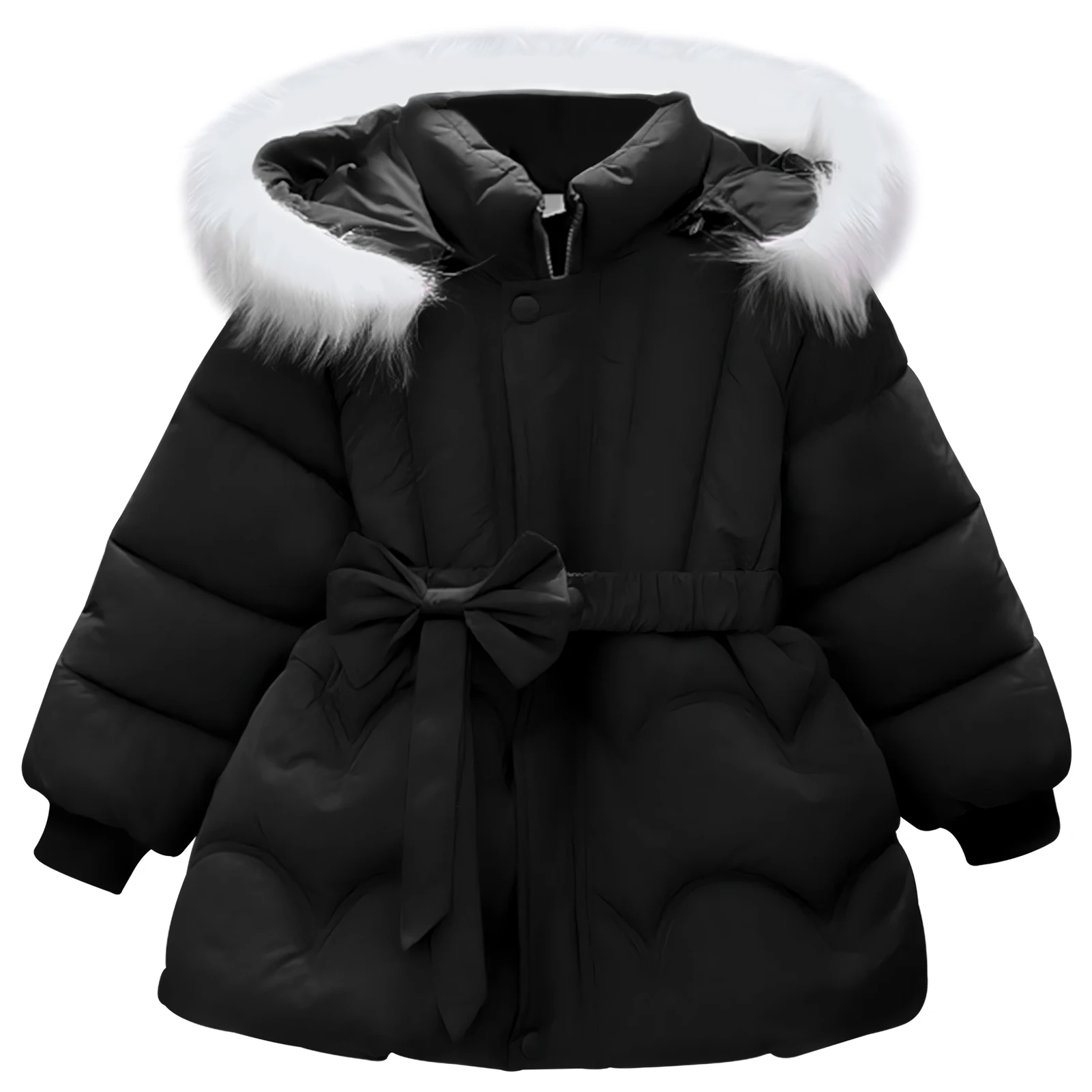 

Baby Girls Quilted Cotton Coat Warm Toddlers Winter Down Jacket Fur Hooded Bow Belt Children's Puffer Coat Snowsuit for 2-7Y