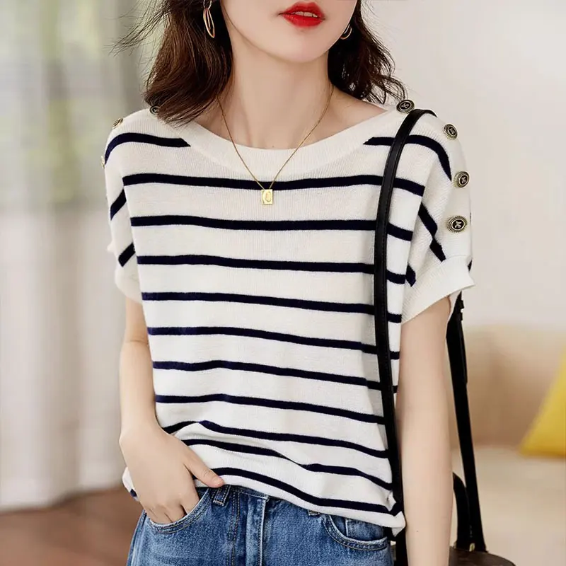 

Elegant Fashion Harajuku Slim Fit Female Clothes Loose Casual All Match Tops Women Color Blocking Stripe Short Sleeve T-shirts