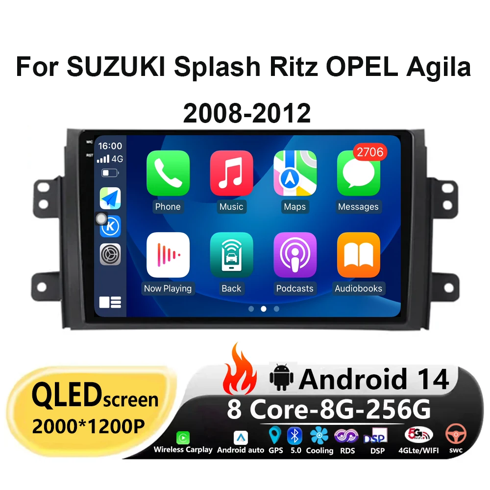 

For SUZUKI Splash Ritz OPEL Agila 2008-2012 Android 14 Car Radio Multimedia Video Player Navigation GPS Carplay Auto 4G WIFI DSP