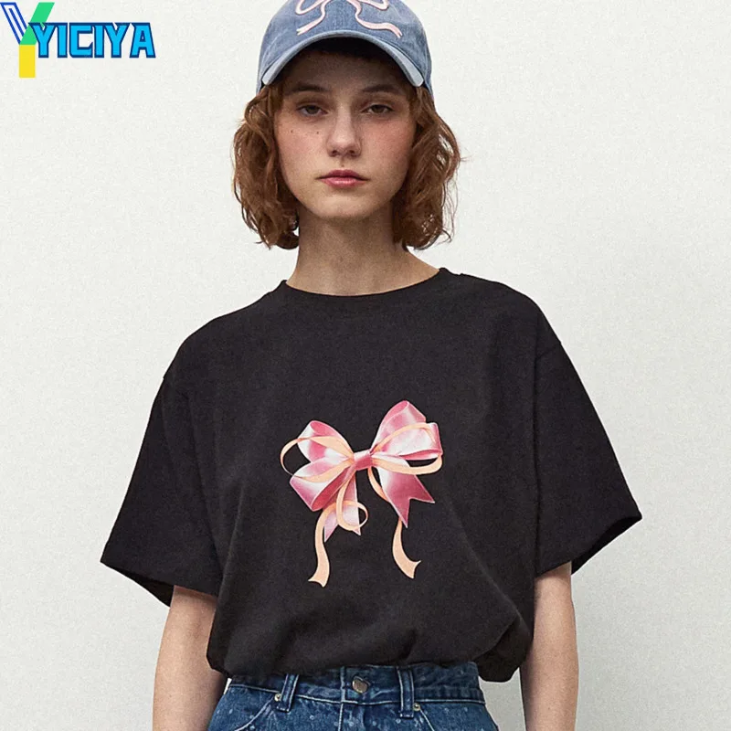 

YICIYA Bow knot T-shirts Korean fashion cute tshirt for women short sleeve oversize crop top 2024 summer new outfits clothing