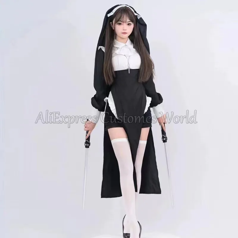

Dress Up Nun Cosplay Costume Women Fancy Dress Set Halloween Party Roleplay Outfit Adult Nun Dress Black Fancy Cosplay