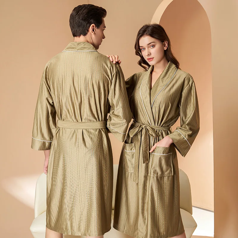 

Silky Satin Couple Robe Sleepwear Stripe Print Kimono Bathrobe Gown Loose Homewear Loungewear Spring Summer Nightwear Nightgown