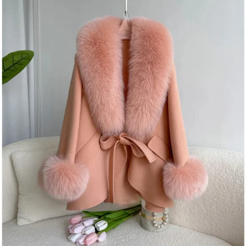 

MENINA BONITA 2023 Fashion Winter Women Woolen Jacket Real Big Fur Detachable Collar Loose Cashmere Blends Luxury Fashion Cloak