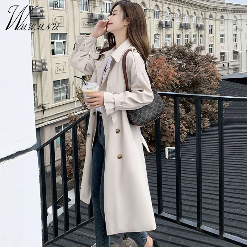 

Korean Fashion Long Trench Coat Women Belt Windbreaker Office Work Double Breasted Jacket Loose Lined Spring Fall Gabardina