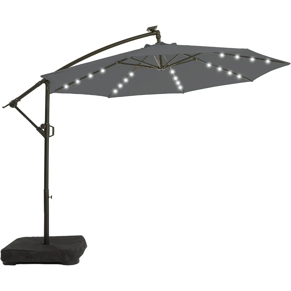 

10FT Solar Patio Offset Umbrella Outdoor Cantilever Umbrella Hanging Umbrellas with Weighted Base, Market Patio Umbrella