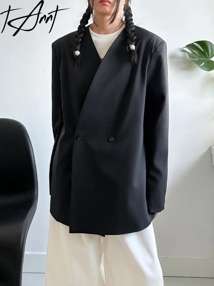 

Женский блейзер с V-образным вырезом, двубортный черный пиджак, Модный повседневный свободный костюм, пальто для женщин, новинка 2024