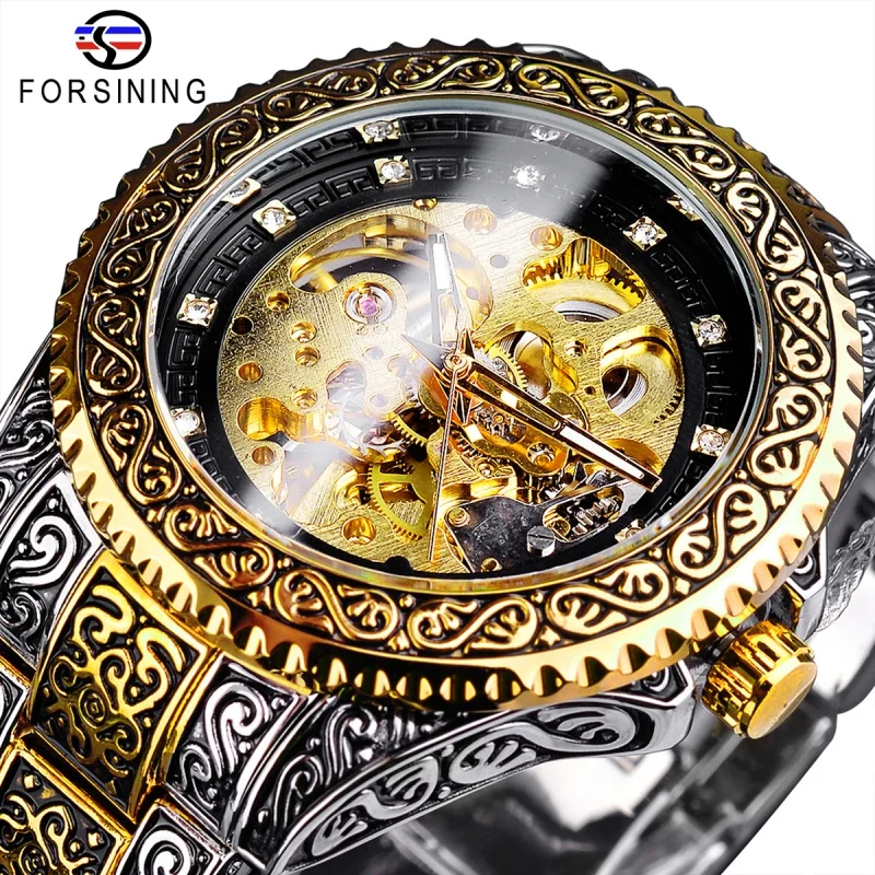 

Forsining Automatic Mechanical Watch Men's Vintage Engraving Gold Men's Clock Waterproof Butterfly Clasp Fan